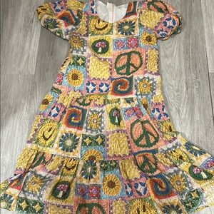 Molo Crochet Patchwork Dress in Yellow, Green, Pink, Blue & Orange